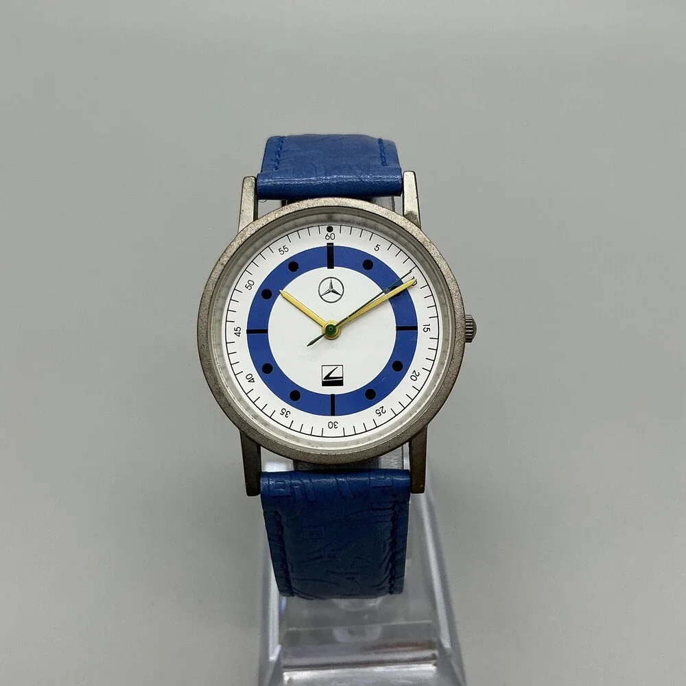 Mercedes-Benz CLK Cabrio Mens Watch 32mm White Blue Dial Blue Leather New Batt